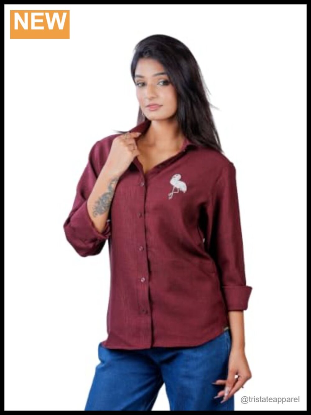 Handcrafted Beaded Flamingo Button Down Shirt Flowy Long Sleeve Blouse